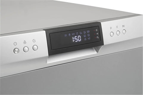 Total Game Changer Compact Countertop Dishwasher In Brushed Stainless Steel control panel view with timer and settings display.