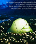Green tent illuminated by 8 Pack 64 LED Solar Firefly Garden Lights Waterproof Outdoor Swaying Fairy Lights For Patio Yard Pathway Romantic Wind Driven Decor Easy Setup Energy Saving Landscape Lighting.
