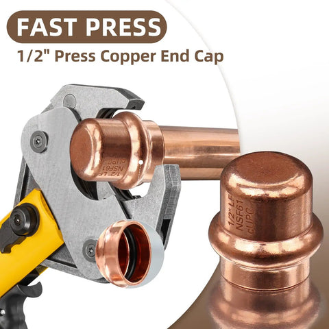 Fast press tool applying Half Inch Copper End Cap Set Zero Lead 1/2 Inch Copper Press Cap End Plug For Plumbing, 12 Pack CUPC Certified.