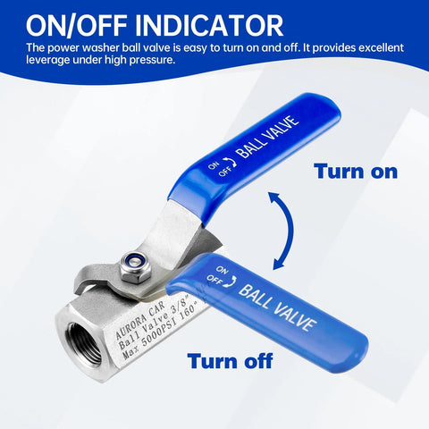 AURORA CAR stainless steel ball valve for pressure washer hose, 3/8 in quick-connect, 5000 PSI, blue handles