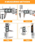 Digital Caliper 6 Inch All Metal IP54 Rated with ABS displaying four measuring methods: external, internal, step, and depth.