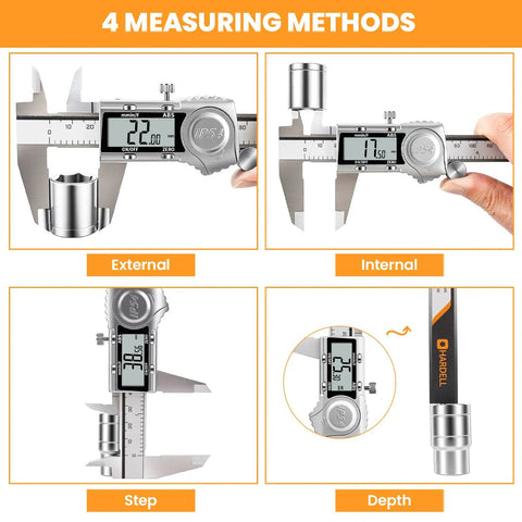Digital Caliper 6 Inch All Metal IP54 Rated with ABS displaying four measuring methods: external, internal, step, and depth.