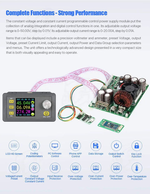 DC 6-60V To 0-50V 20A Constant Current Step-Down Buck Power Supply Module With Voltmeter, Precise 0.01V Steps, 0-50V Output, USB Bluetooth And Android PC Communication, Ideal For DIY Projects And Battery Tech displaying control screen and circuit board.