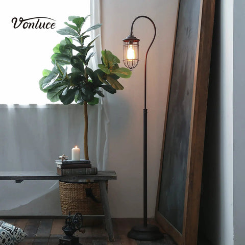 Industrial Floor Lamp With Adjustable Cage Shade, 62 Inch Tall Lantern Style Light In Brushed Reddish Bronze Finish