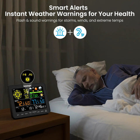 12-in-1 Wireless Weather Station SA6 With Rain Gauge, Wind Speed, Weather Forecast, Humidity, Air Pressure, Alarm Clock, No WiFi, 6.5 Inch Color Display With Adjustable Backlight on bedside table