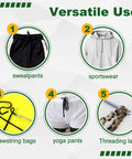 Infographic showing versatile uses for four-piece drawstring threader tool set in stainless steel, including sportswear and bags.