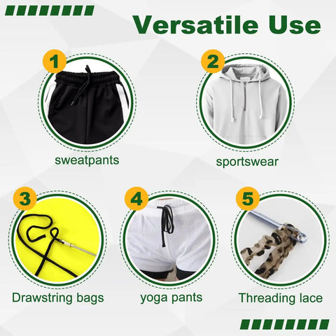 Infographic showing versatile uses for four-piece drawstring threader tool set in stainless steel, including sportswear and bags.