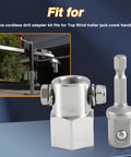 Front view of EVRBUL stainless steel top-wind trailer jack crank adapter with 1/2-inch socket and cordless drill adapter