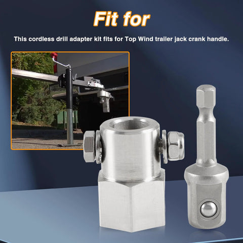 Front view of EVRBUL stainless steel top-wind trailer jack crank adapter with 1/2-inch socket and cordless drill adapter