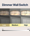 Brass Gold Modern LED Flush Mount Ceiling Light With White Linen Drum Shade And Geometric Fretwork, dimmer switch settings