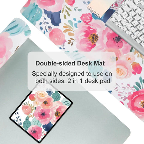 Pink Floral Large Mouse Pad 31.5 By 15.7 Inches Extended Desk Mat Waterproof PU Leather For Desktop Laptop Keyboard Mouse Office Home School Gaming Large Extended Work Surface For Laptop And Keyboard Also Great For Gaming with floral design and keyboard setup