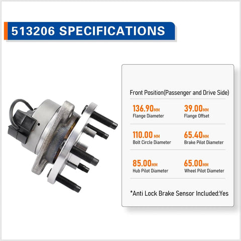 Front Wheel Bearing Hub Assembly With ABS Drop-In Replacement For 2004-2011 Chevy HHR, 5-lug specification details