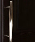 Close-up of one handle from the 5 Inch Solid Faceted Bar Cabinet Pull Handle Set 25 Pack In Satin Nickel Finish Center To Center 5 Inch Spacing Heavy Duty Modern Bar Pulls With Included Screws For Quick Install on a dark cabinet.