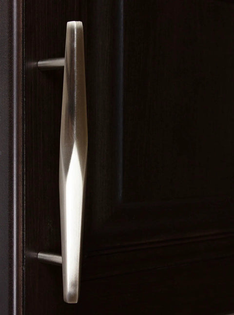 Close-up of one handle from the 5 Inch Solid Faceted Bar Cabinet Pull Handle Set 25 Pack In Satin Nickel Finish Center To Center 5 Inch Spacing Heavy Duty Modern Bar Pulls With Included Screws For Quick Install on a dark cabinet.