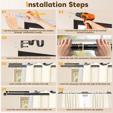 Installation steps for Double Curtain Rod Set 42 to 122 Inches, 1 Inch Telescoping Rods for Windows, Matte Black Finish