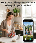 Woman using Rock Solid WiFi Video Smart Lock With 5 In 1 Keyless Entry on smartphone, monitoring kids outside.