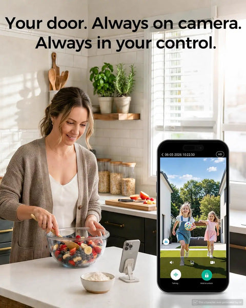 Woman using Rock Solid WiFi Video Smart Lock With 5 In 1 Keyless Entry on smartphone, monitoring kids outside.