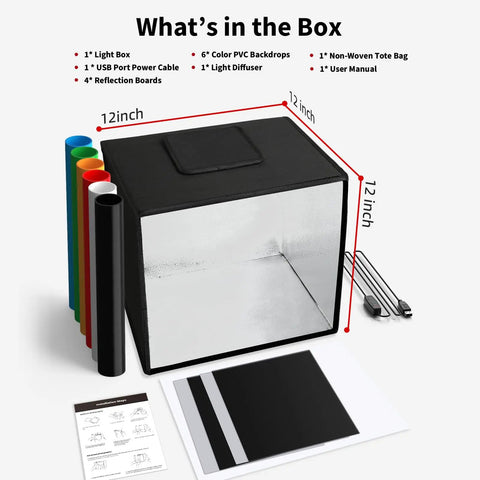 Portable Photo Studio Light Box 12 By 12 Inches Shooting Tent featuring contents including 6 backdrops and light diffuser.