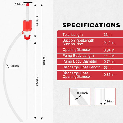 Specifications for Heavy Duty Manual Drum Siphon Pump With Replacement Flex Hose for 55 Gallon Barrels, dimensions and details.