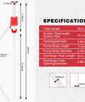 Heavy Duty 2 Pack Manual Siphon Drum Pump With 48 Inch Flexible Hose And Extra Replacement Tubes For Hassle Free 55 Gallon Liquid Transfer And Bpa Free Barrels Rugged Workhorse specifications diagram with measurements.