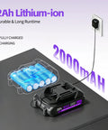 20V Cordless Drill With Fast Charging Battery And Keyless Chuck Purple showing 2000mAh lithium-ion battery charging.