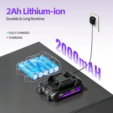 20V Cordless Drill With Fast Charging Battery And Keyless Chuck Purple showing 2000mAh lithium-ion battery charging.