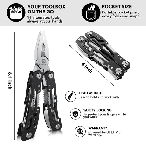 14 In 1 Multitool With Safety Locking Built For Survival And Outdoor Adventures showing open and folded positions