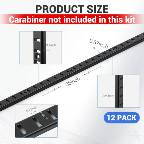 Diagram showing dimensions of Eight Piece 36 Inch Heavy Duty Shelf Track System Built To Last With Adjustable Brackets.