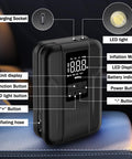 Go To Tire Inflator Portable Air Pump 150 PSI Battery Powered With 5000mAh Capacity showing digital gauge and controls