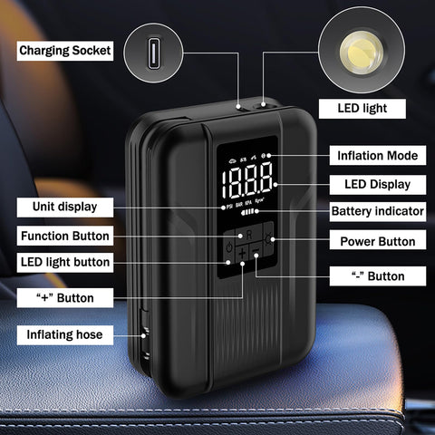 Go To Tire Inflator Portable Air Pump 150 PSI Battery Powered With 5000mAh Capacity showing digital gauge and controls