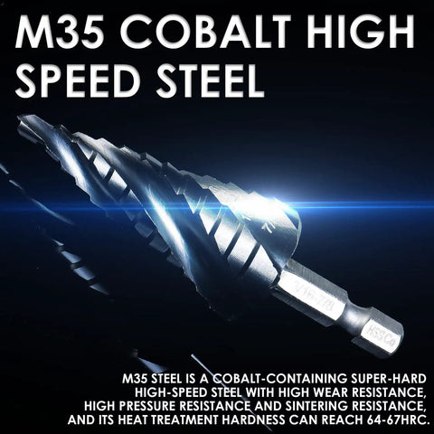 Workhorse Four Flute Step Drill Bit Set for Metal and Wood With TiAlN Wear-Resistant Cobalt Coating close-up view