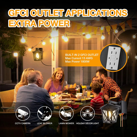 Family gathering on patio, lit by Dusk To Dawn Porch Light With Built In GFCI Outlet Black Outdoor Wall Sconce, with extra power outlets.