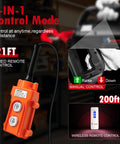 3 In 1 Electric Hoist Winch 1100 Lbs Portable Power Crane With Manual, Wired And Wireless Remote Control, 25 Foot Lift Height, Overload Protection For Lifting, Towing And Vehicle Recovery. 21ft wired remote control and wireless remote shown