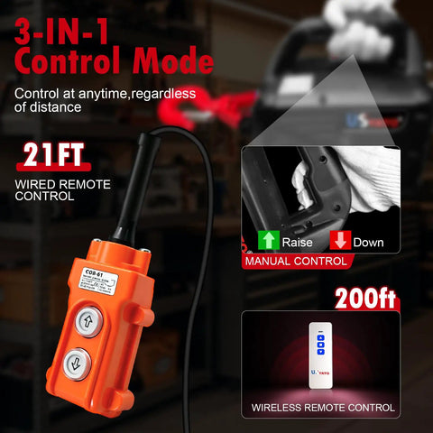 3 In 1 Electric Hoist Winch 1100 Lbs Portable Power Crane With Manual, Wired And Wireless Remote Control, 25 Foot Lift Height, Overload Protection For Lifting, Towing And Vehicle Recovery. 21ft wired remote control and wireless remote shown