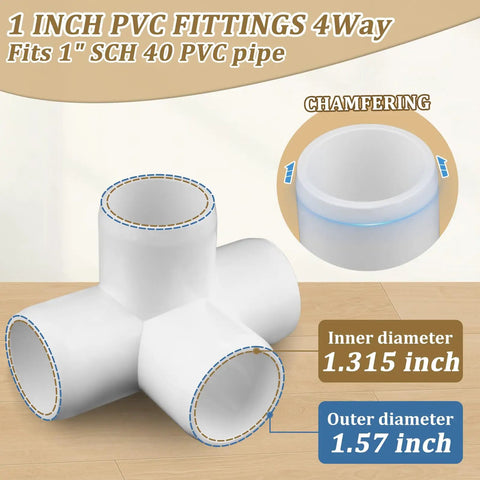 1 Inch PVC 4-Way Cross Fitting for SCH40 Pipe, Inner Diameter 1.315 Inch, Furniture Grade, Shown with Measurements.