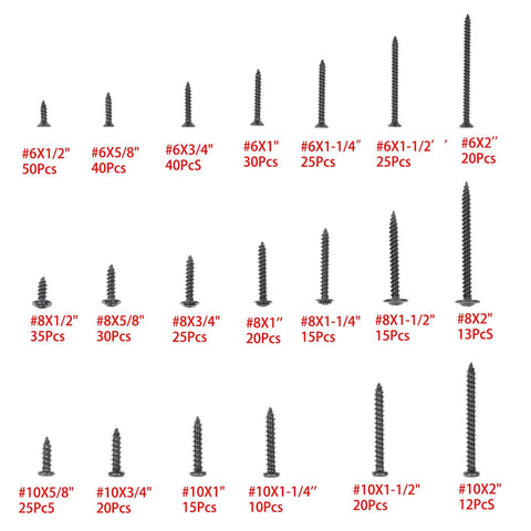 Black Wood Screw Kit, 485-Piece Assortment With Pan Head, Truss Head, And Flat Head Screws, 20 Size Options For Wood And Plastic, DIY Ready High-Precision Threads For A Strong, Long-Lasting Hold. Size chart of black zinc-plated wood screws