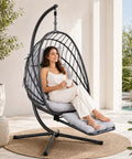Chill Hanging Egg Chair With Stand And Retractable Footrest In Dark Gray Frame Wicker Rattan Swing Chair With Thick Cushion And Headrest