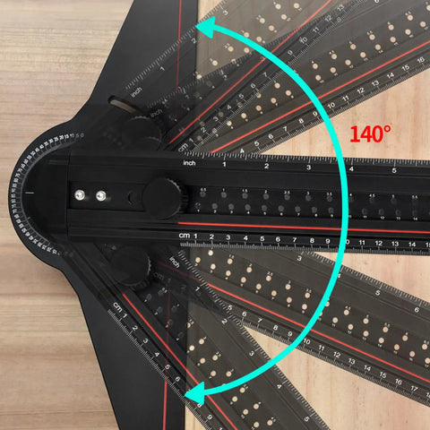 Aluminum Angle Finder Ruler With Integrated Protractor And Snap Marking Gauge For Spot On Construction Layouts measuring 140° angle.