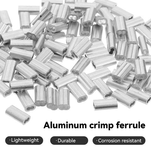 Heavy Duty Aluminum Crimp Sleeve Kit, 100 Pcs Double Barrel Cable Ferrules For Wires And Ropes, One Thirty Second Inch Diameter, End Sleeves For Cables And Line Ends, Quick Crimping For DIY Projects And Marine Gear, aluminum crimp ferrules shown in bulk