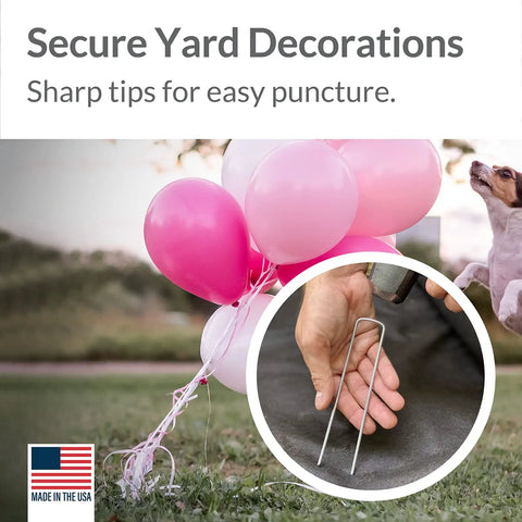 Beefy 200 Pack Garden Landscape Staples Galvanized 6 Inch Pins Anti Rust 11 Gauge Steel securing pink balloons on lawn