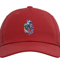 Classic Red Baseball Hat For Machinists And Tool Guys With Cool Vise Gauge Square Design Prints front view with detailed graphic.