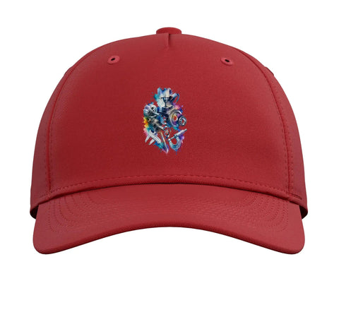 Classic Red Baseball Hat For Machinists And Tool Guys With Cool Vise Gauge Square Design Prints front view with detailed graphic.