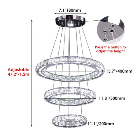 Lit Modern Crystal Chandelier DIY 3 Ring Dimmable Pendant Light With Remote LED Ceiling Fixture adjustable height rings.