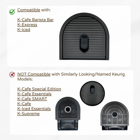 Riser Insert For Keurig K-Express K-Iced And K-Cafe Barista Bar Coffee Makers, showing compatible and non-compatible models.