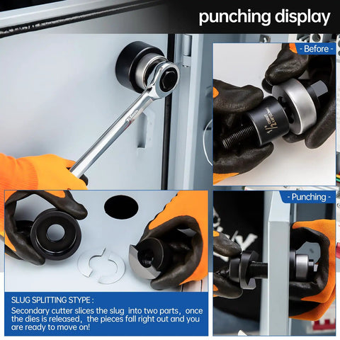 Manual Knockout Hole Punch Kit for electrical conduit installation, showing process with steel punches, before and after punching.