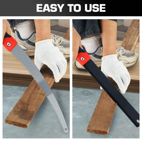 Multi Blade Hand Saw Set With Quick Change Clamp For Wood Metal Plastic Plywood Hacksaw And Handsaw Tools, shown in use on wood