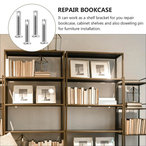 Bookshelves with books and frames, inset shows 20 Piece Stainless Steel Clevis Pin Kit With Flat Head Single Hole Pins For DIY Fixes.