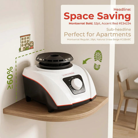 On The Go 1200W Portable Clothes Dryer With Quiet Operation on a small wooden shelf in a compact apartment setup