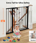 36 Inch Extra Tall Baby Gate For Stairs And Doorways With Walk Through Door Fits 29.5 To 48.8 Inch Openings Auto Close Pressure Mounted Pet Gate Extra Wide For Dogs Black installed on staircase with baby and dog visible