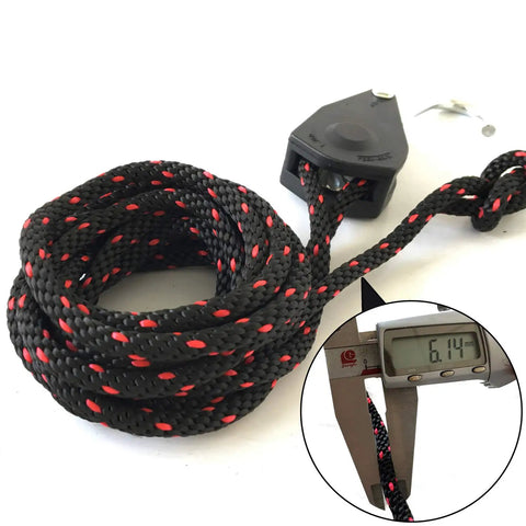 Heavy Duty Rope Tie Downs 1 Quarter Inch By 10 Feet With Adjustable Ratchet Pulleys 2-Pack; rope detail with measurement inset